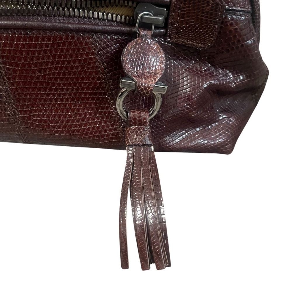 Salvatore Ferragamo Dark Brown Lizard-Embossed Leather Satchel - Picture 4 of 12